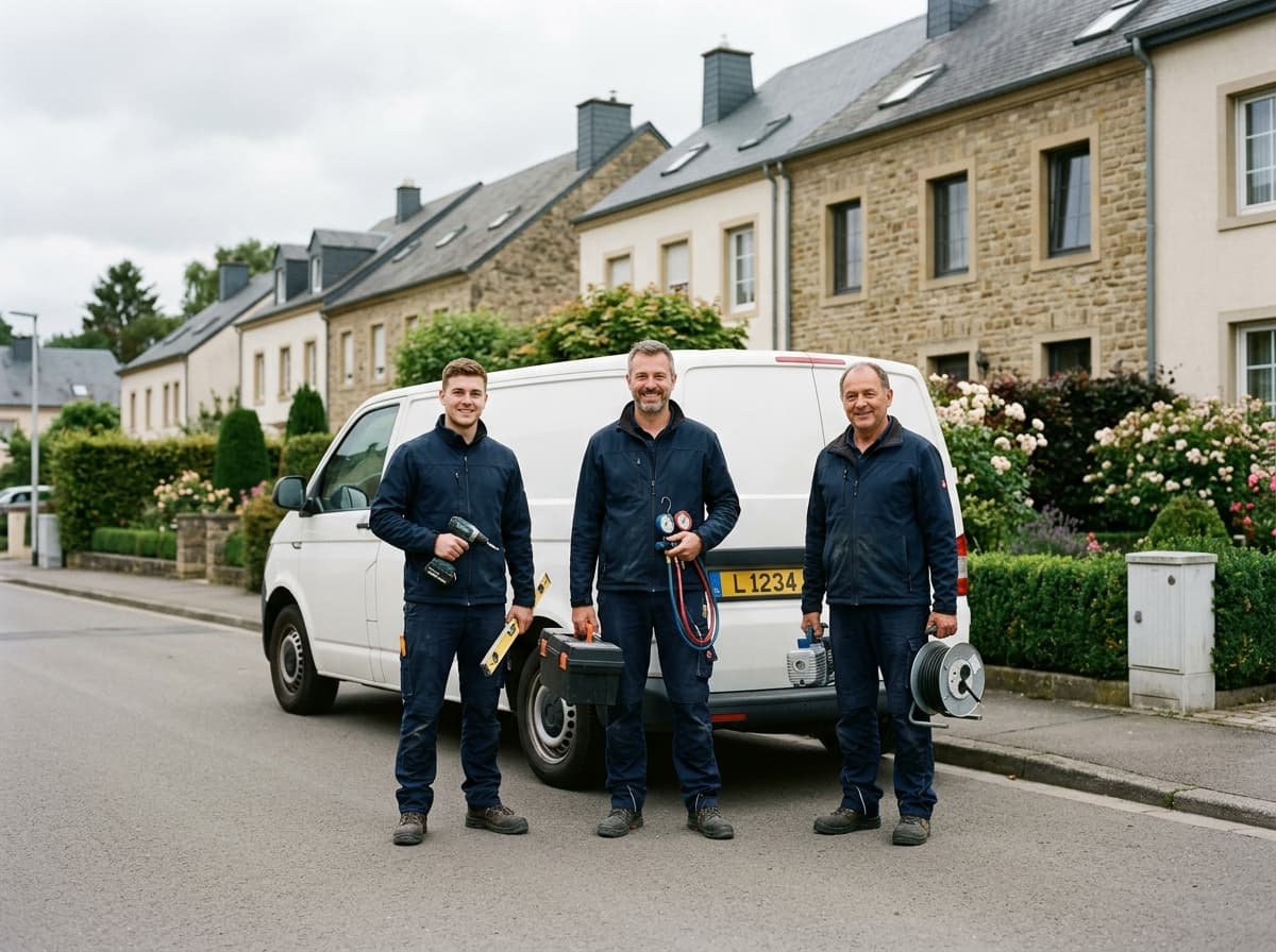 L'équipe Énergie Douce devant son fourgon, dans une rue résidentielle luxembourgeoise