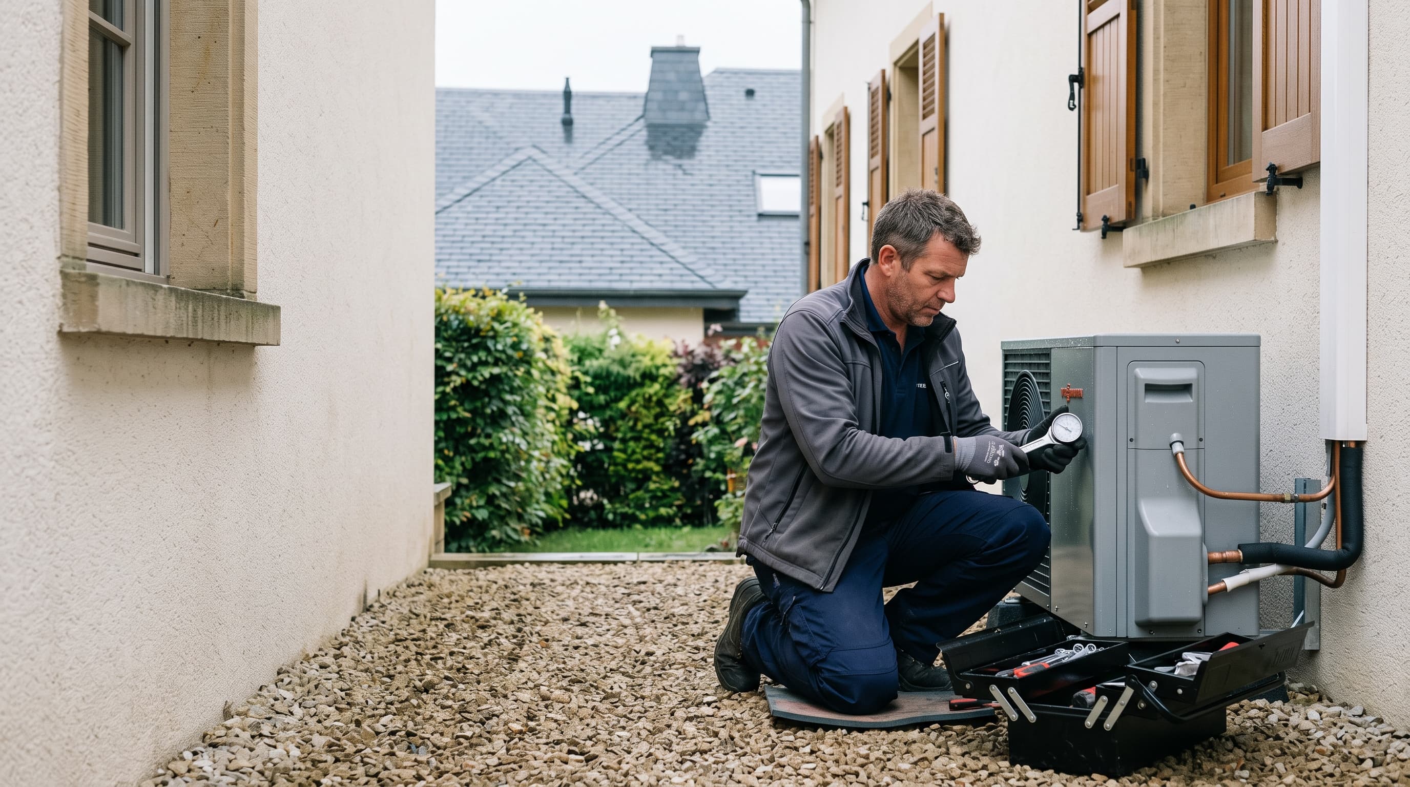 Installateur Énergie Douce réglant une pompe à chaleur air-eau contre la façade d'une maison luxembourgeoise