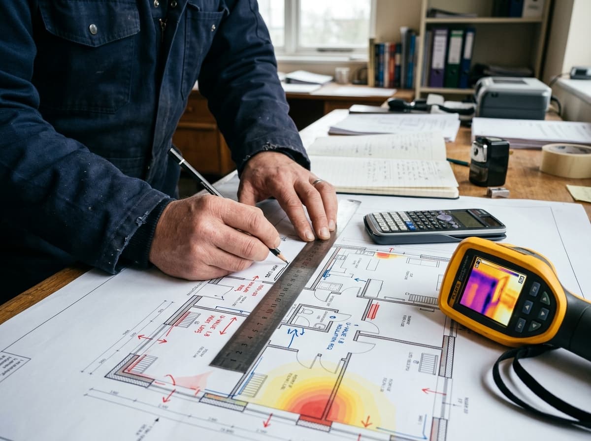 Plan de calcul de déperditions annoté à la règle et au crayon