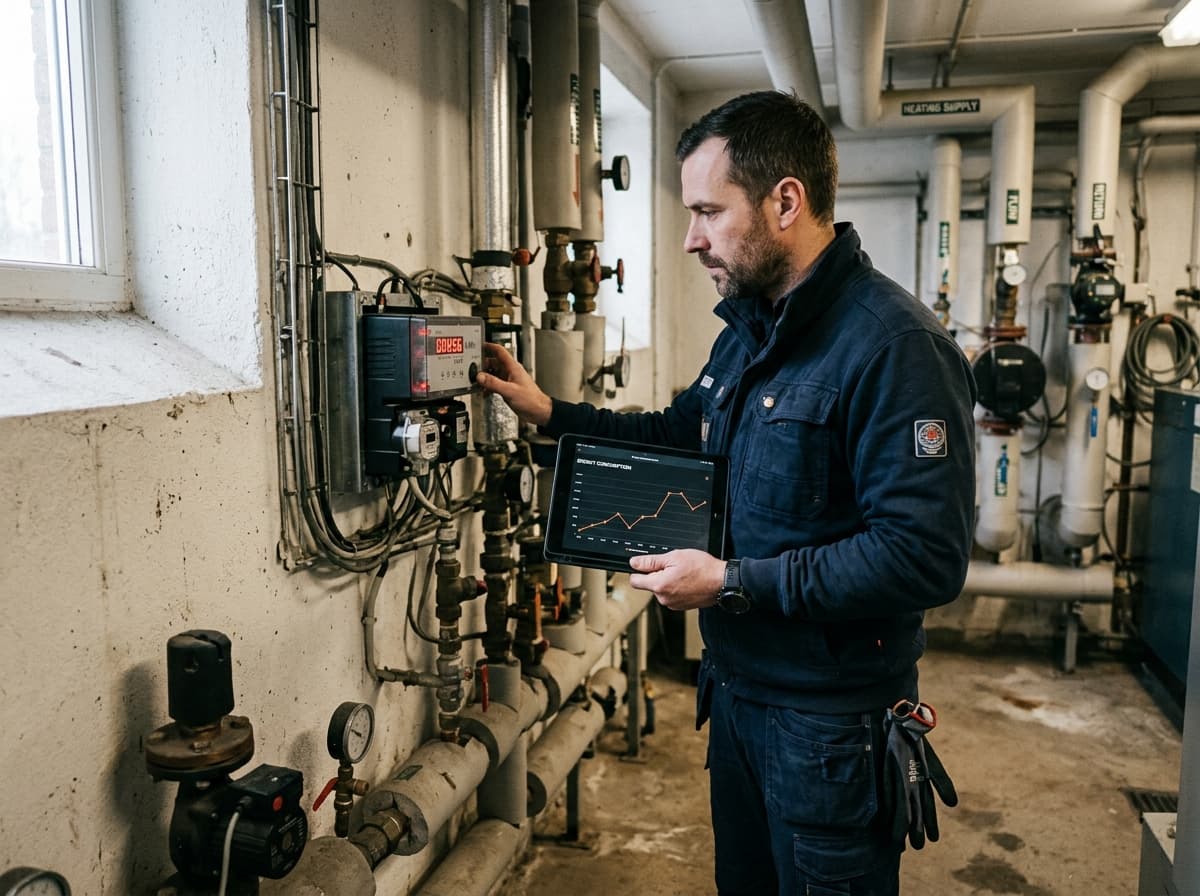 Technicien relevant un compteur de chaleur, tablette de suivi en main