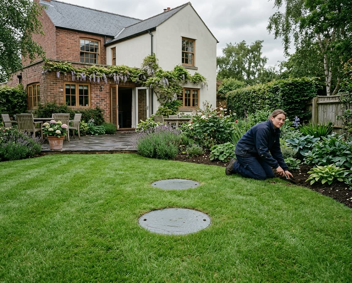 Jardin remis en état après forage géothermique, couvercles affleurant la pelouse