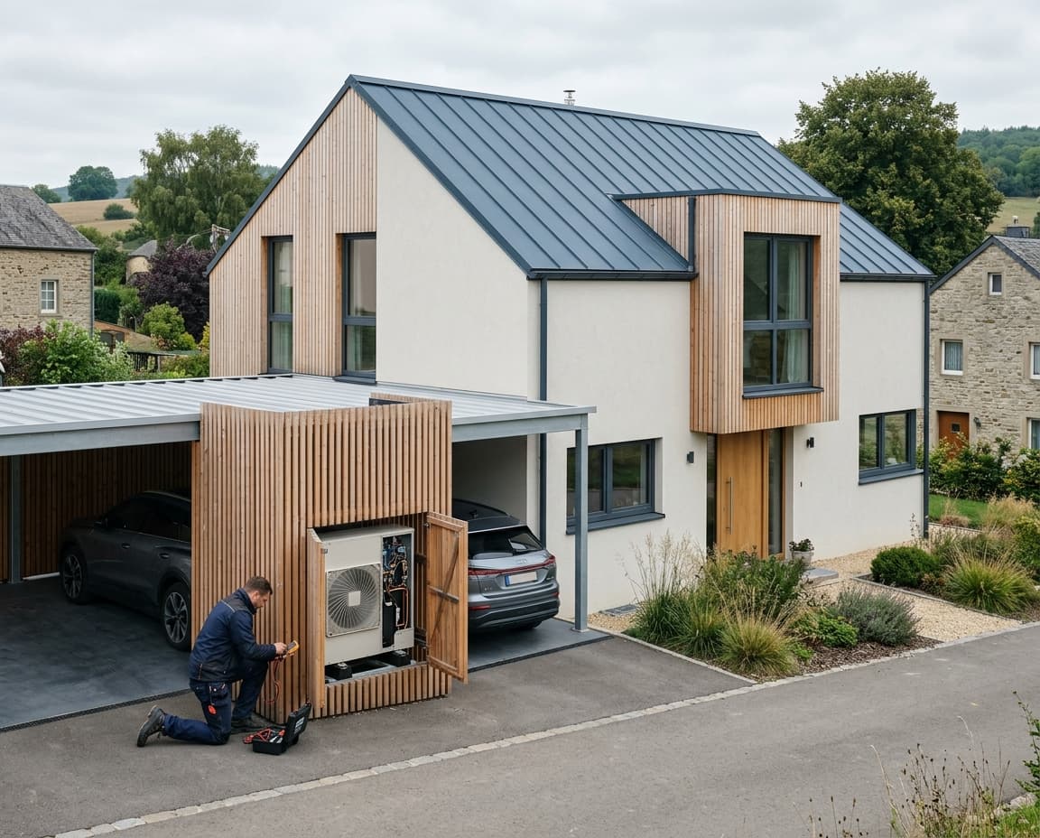 Maison neuve à ossature bois et enduit blanc avec pompe à chaleur intégrée