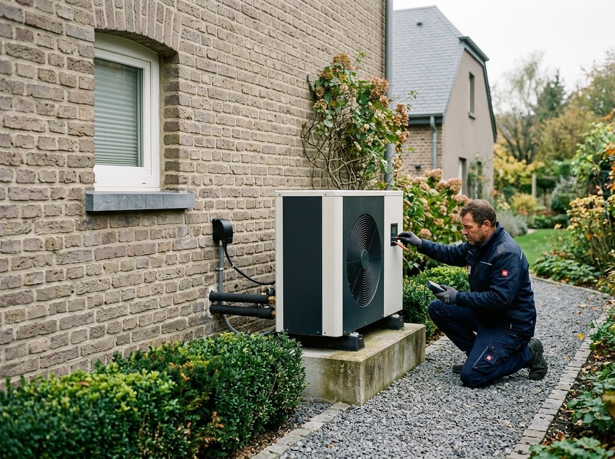 Unité extérieure de pompe à chaleur air-eau installée le long d'une maison rénovée