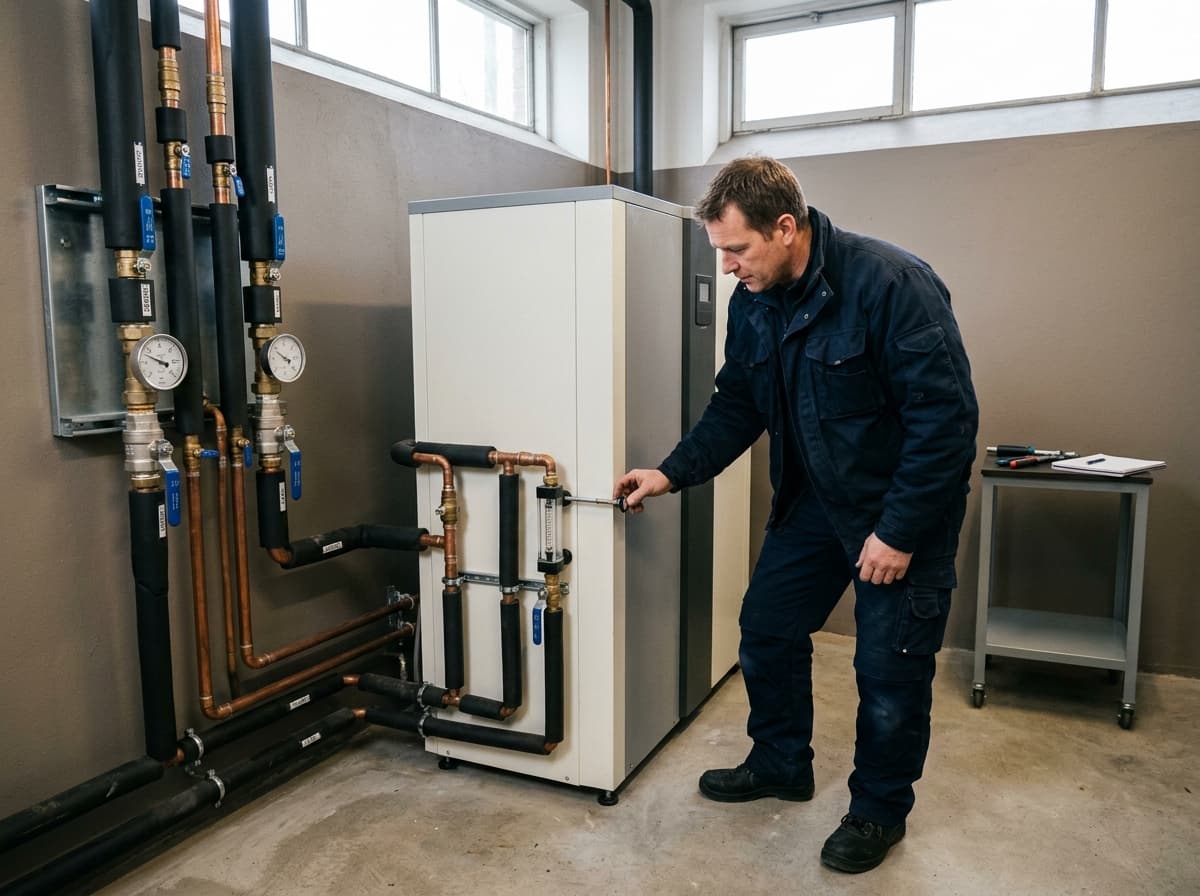 Local technique avec pompe à chaleur eau-eau, vannes et compteurs