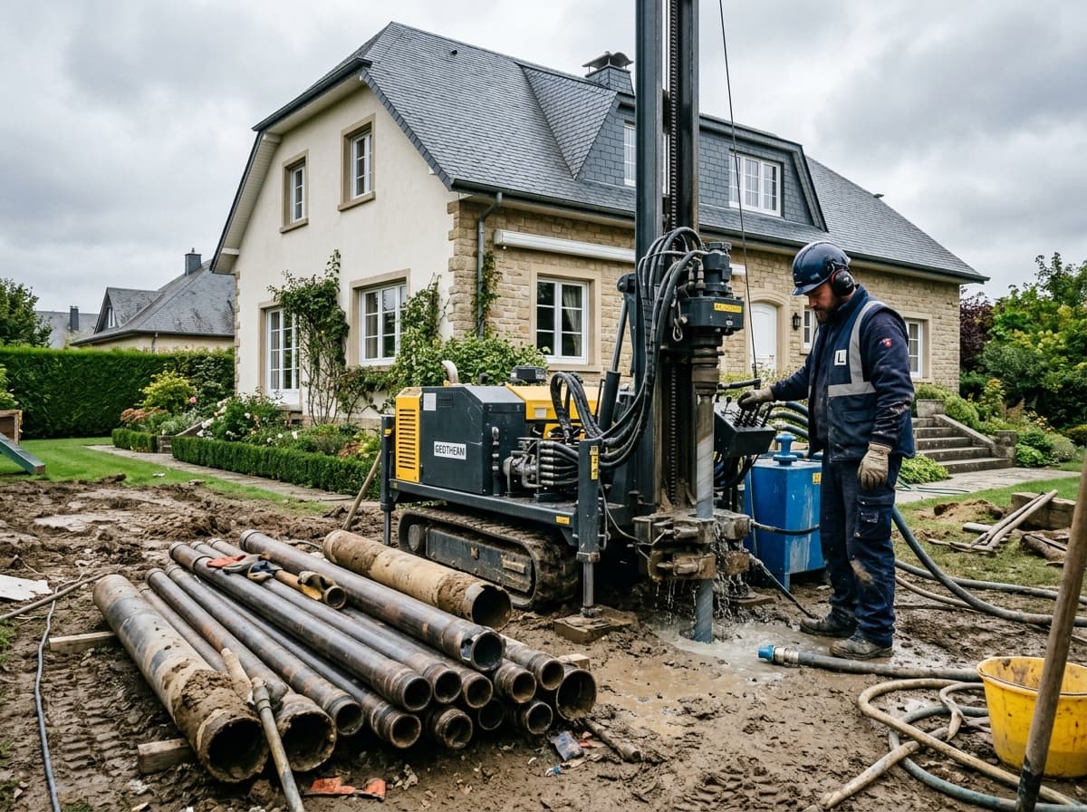 Foreuse compacte réalisant un forage géothermique dans le jardin d'une maison