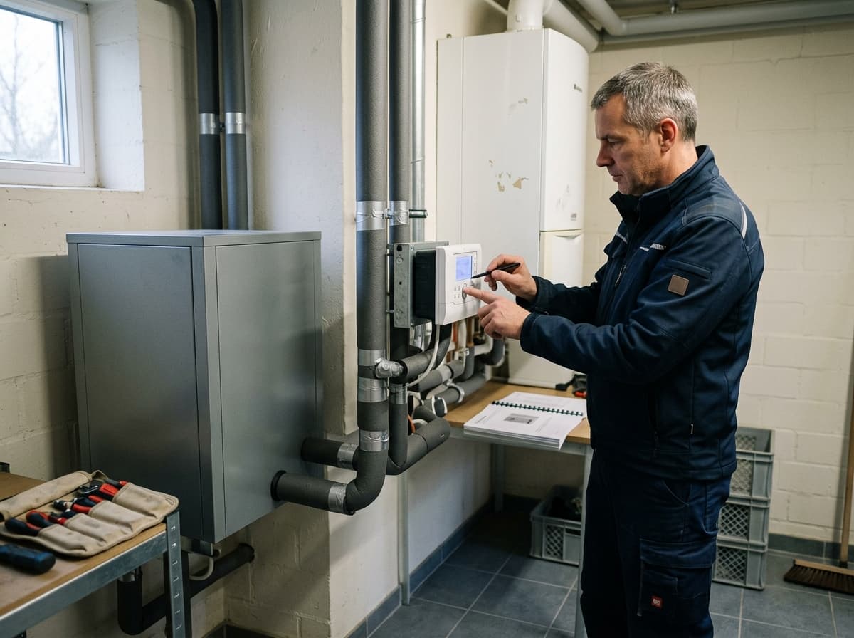Module de pompe à chaleur installé à côté d'une chaudière gaz dans une buanderie
