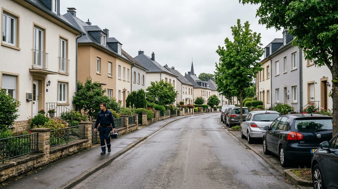 Rue résidentielle de Bettembourg, maisons enduites et toits d'ardoise